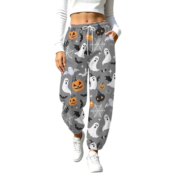 Women's Halloween Jogger Sweatpants Ghost Pumpkin Graphic with Pockets Elastic Drawstring Waist Soft Fabric Relaxed Fit Cuffed Ankle Pants for Party Lounge Casual and Everyday Wear