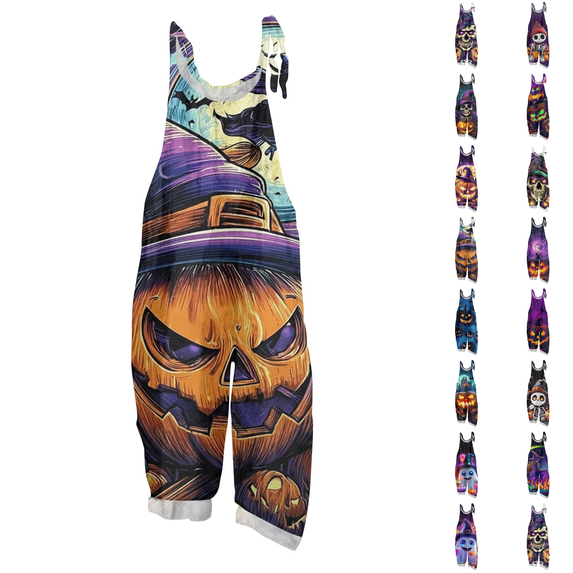 Women's Halloween Jumpsuits 2026 Spaghetti Strap Linen Rompers Wide Leg Print Overalls with Pockets