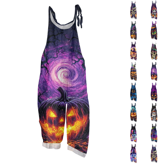 Women's Halloween Jumpsuits 2026 Spaghetti Strap Linen Rompers Wide Leg Print Overalls with Pockets