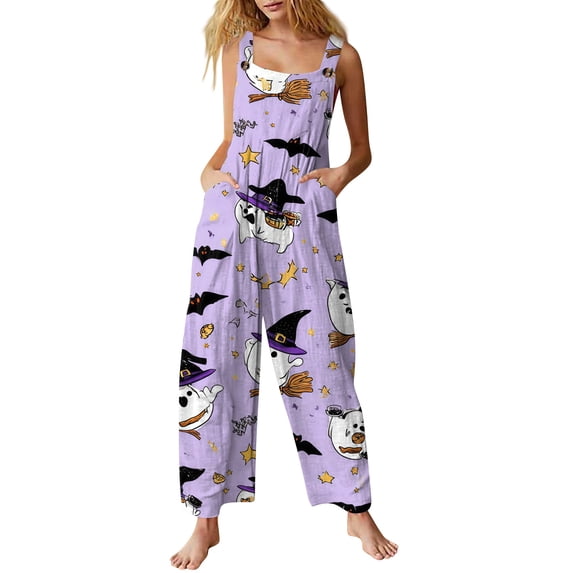 Women's Halloween Jumpsuits Castle Ghost Wide Leg Backless Horror Overalls Skull Candy Sleeveless Spooky Rompers, S