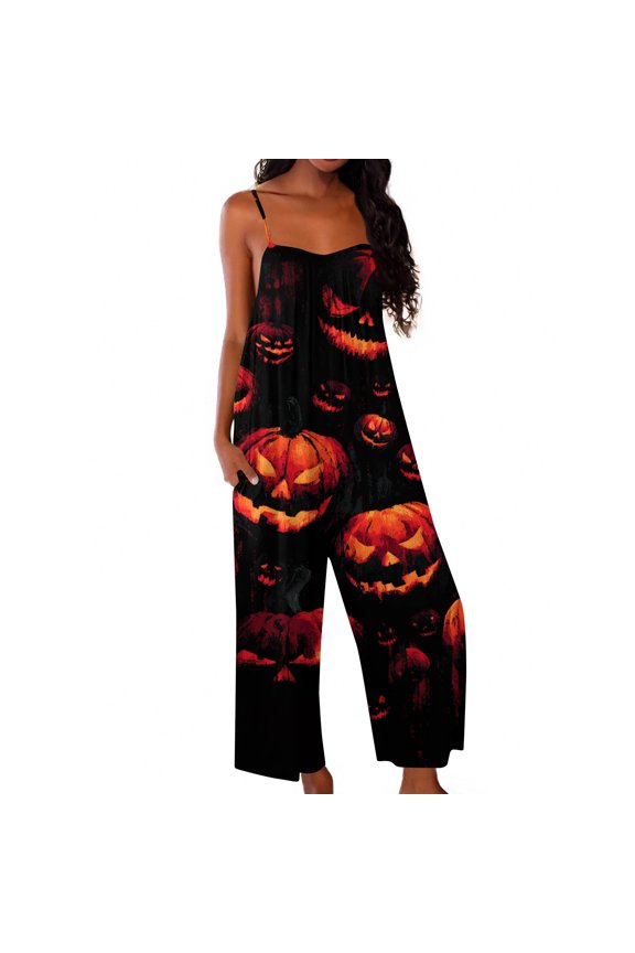 Women's Halloween Jumpsuits Ghost Skeleton Halter Backless Horror Rompers Pumpkin Spiderweb Sleeveless Spooky Overalls, S