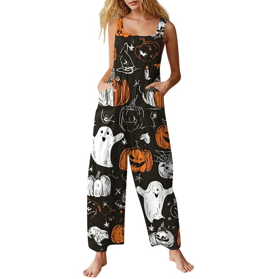 Women's Halloween Jumpsuits Ghost Skull Halter Backless Horror Overalls Skeleton Bat Wide Leg Spooky Rompers, S