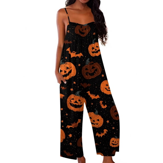 Women's Halloween Jumpsuits Pumpkin Skeleton Halter Backless Funny Rompers Skull Spiderweb Sleeveless Spooky Overalls, M