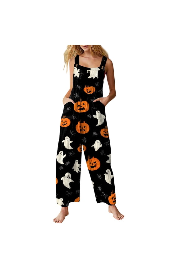 Women's Halloween Jumpsuits Pumpkin Skull Sleeveless Backless Horror Rompers Spiderweb Bat Halter Spooky Overalls, S