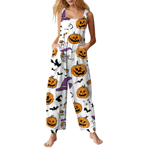 Women's Halloween Jumpsuits Pumpkin Witch Hat Sleeveless Backless Spooky Overalls Skeleton Castle Halter Horror Rompers, 2XL
