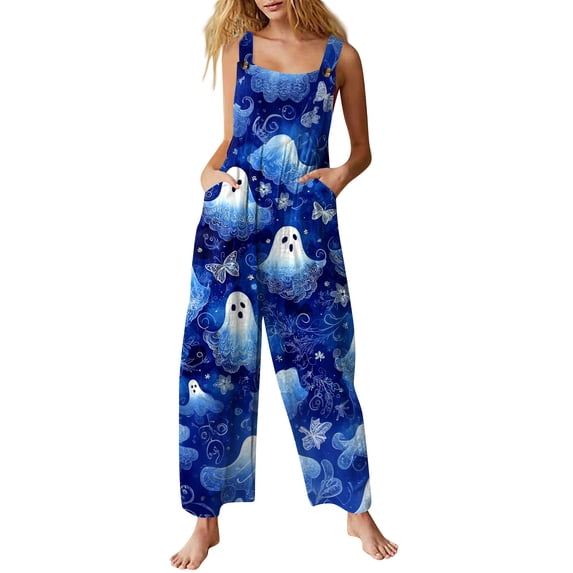 Women's Halloween Jumpsuits Skeleton Spiderweb Wide Leg Backless Spooky Rompers Pumpkin Candy Sleeveless Horror Overalls, 2XL
