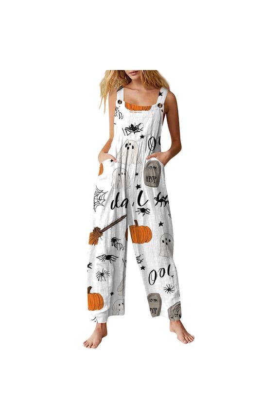 Women's Halloween Jumpsuits Skeleton Witch Hat Sleeveless Backless Funny Rompers Skull Ghost Halter Horror Overalls, S