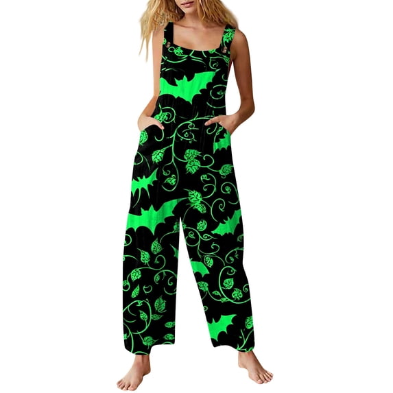 Women's Halloween Jumpsuits Skull Pumpkin Sleeveless Backless Spooky Rompers Castle Ghost Halter Horror Overalls, 2XL