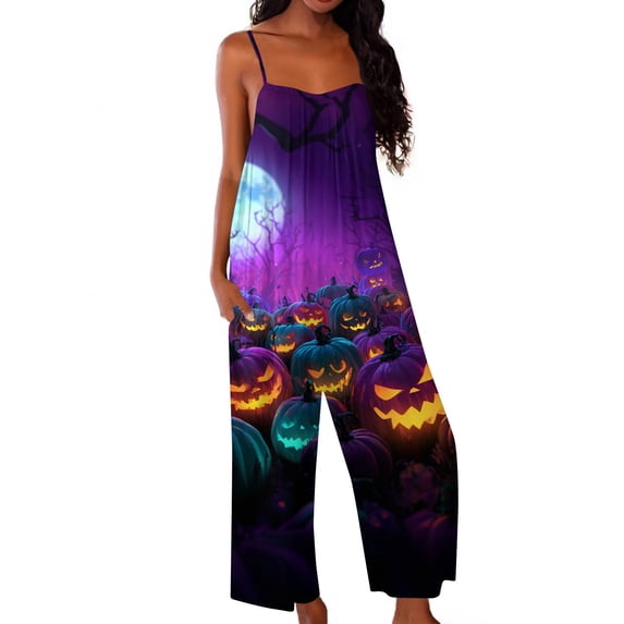 Women's Halloween Jumpsuits Spiderweb Skull Halter Backless Spooky Overalls Witch Hat Ghost Wide Leg Horror Rompers, S
