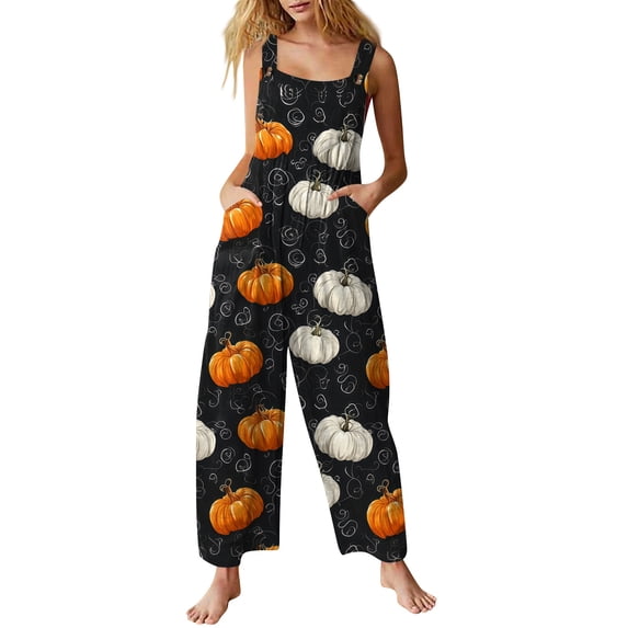 Women's Halloween Jumpsuits Spiderweb Witch Hat Halter Backless Horror Rompers Bat Castle Sleeveless Funny Overalls, L