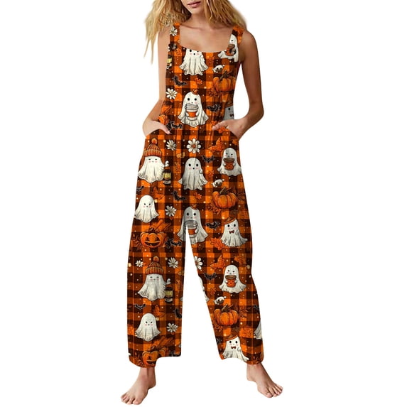 Women's Halloween Jumpsuits Witch Hat Bat Wide Leg Backless Funny Overalls Castle Ghost Sleeveless Spooky Rompers, M