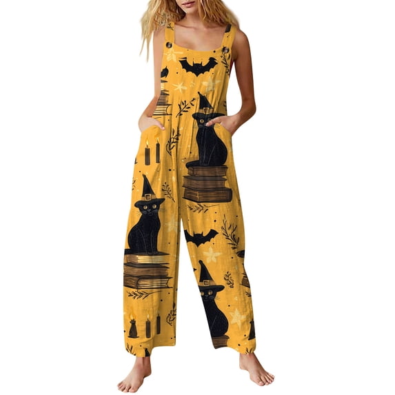 Women's Halloween Jumpsuits Witch Hat Ghost Halter Backless Horror Overalls Spiderweb Castle Sleeveless Funny Rompers, M