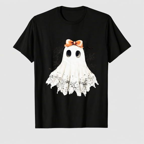 Women's Halloween Lace Ghost Bow Graphic T-Shirt, 100% Cotton Short Sleeve Shirt