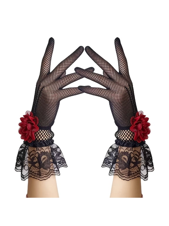 Women's Halloween Lace Gloves with Red Flower Cuff, Gothic Fishnet Long Gloves, Elegant Black Costume Accessories for Party, Cosplay and Special Events