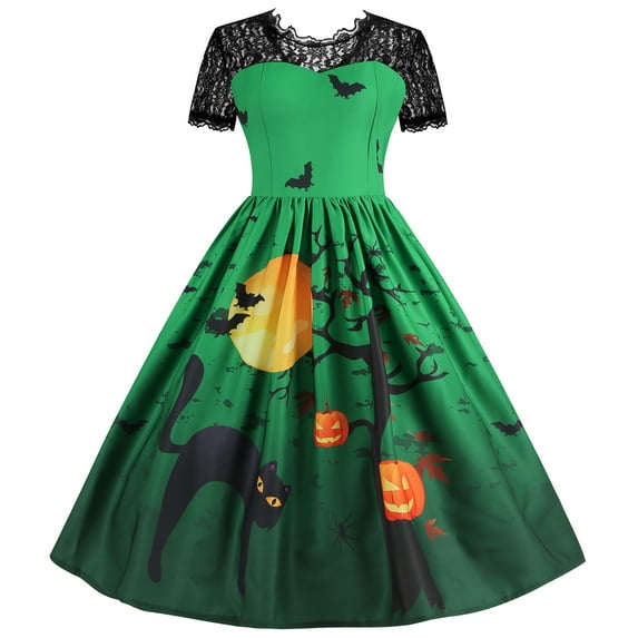 Women's Halloween Lace Short Sleeve Round Neck Sexy Splicing Printed Dresses Vintage Swing Dresses