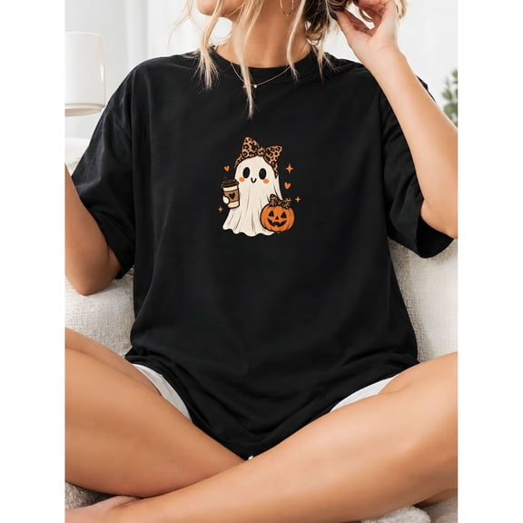 Women's Halloween "Leopard Bow Ghost" Coffee Pumpkin Print Short Sleeve T-Shirt Black