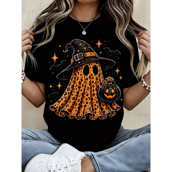 Women's Halloween Leopard Ghost T Shirt Witch Hat Pumpkin Print Tee Short Sleeve Casual Top Fall Party Outfit