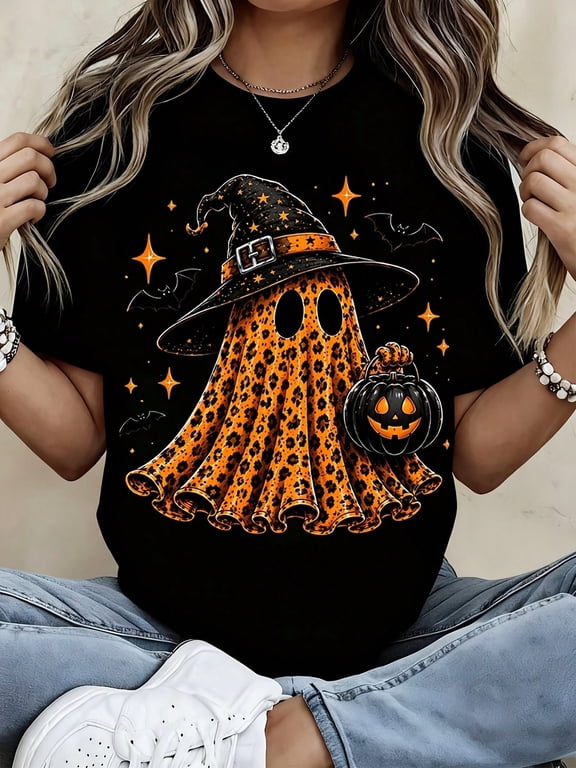 Women's Halloween Leopard Ghost T Shirt Witch Hat Pumpkin Print Tee Short Sleeve Casual Top Fall Party Outfit
