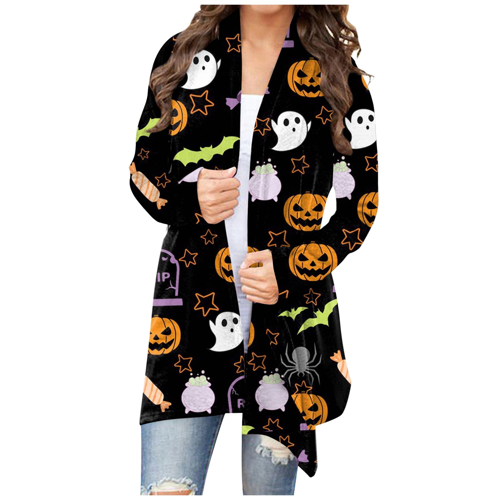 Women's Halloween Long Sleeve Cardigan Knit Sweater Pumpkin Cat Print
