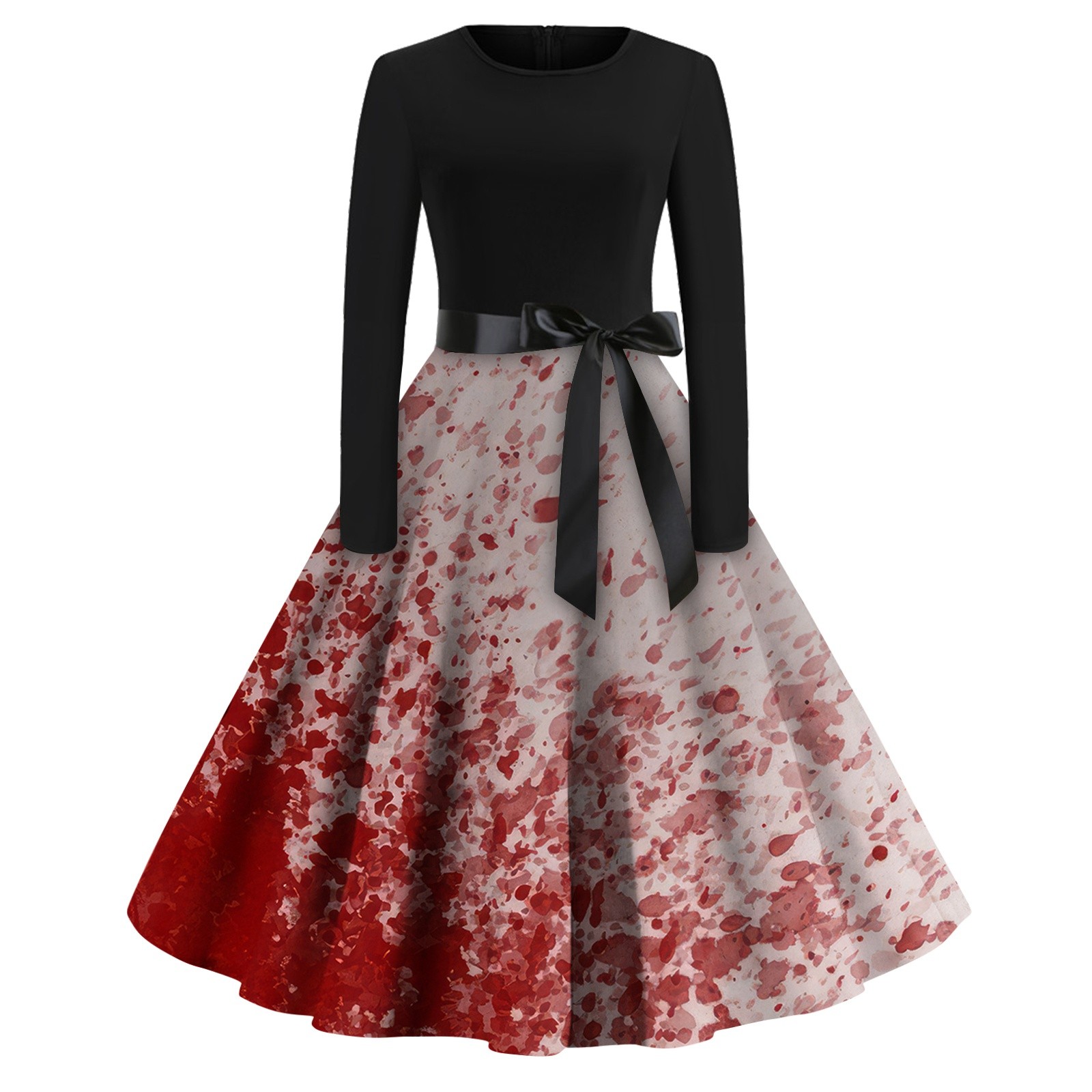 Women's Halloween Long Sleeve Dress with Blood Splatter Print, Vintage
