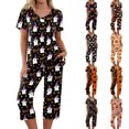 thumbnail image 1 of Women's Halloween Loungewear Set Short Sleeve Crew Neck Top and Capri Pants with Pockets All Over Ghost Pattern Breathable Soft Pajama Set for Daily Casual Wear Black L, 1 of 6