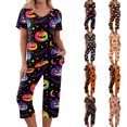 thumbnail image 1 of Women's Halloween Loungewear Set Short Sleeve Crew Neck Top and Capri Pants with Pockets All Over Ghost Pattern Breathable Soft Pajama Set for Daily Casual Wear Multicolor L, 1 of 6