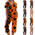 thumbnail image 1 of Women's Halloween Loungewear Set Short Sleeve Crew Neck Top and Capri Pants with Pockets All Over Ghost Pattern Breathable Soft Pajama Set for Daily Casual Wear Orange L, 1 of 6