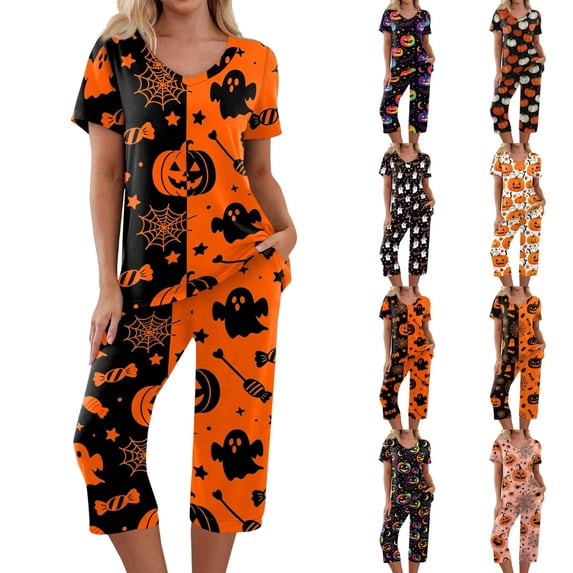 Women's Halloween Loungewear Set Short Sleeve Crew Neck Top and Capri Pants with Pockets All Over Ghost Pattern Breathable Soft Pajama Set for Daily Casual Wear Orange L