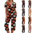 thumbnail image 1 of Women's Halloween Loungewear Set Short Sleeve Crew Neck Top and Capri Pants with Pockets All Over Ghost Pattern Breathable Soft Pajama Set for Daily Casual Wear Saffron M, 1 of 6