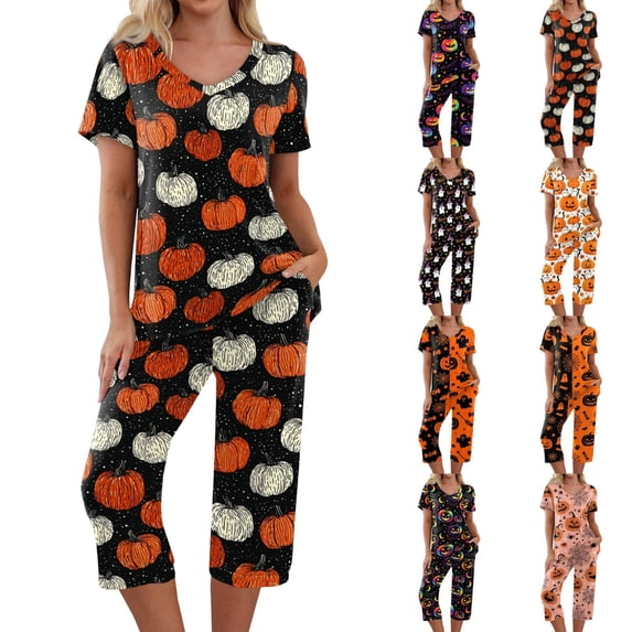 Women's Halloween Loungewear Set Short Sleeve Crew Neck Top and Capri Pants with Pockets All Over Ghost Pattern Breathable Soft Pajama Set for Daily Casual Wear Saffron M