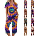 thumbnail image 1 of Women's Halloween Loungewear Set Short Sleeve V Neck Top and Capri Pants Tie Dye Pumpkin Pattern Relaxed Fit Sleepwear Pajama Set for Home Party Daily Wear Purple XL, 1 of 6