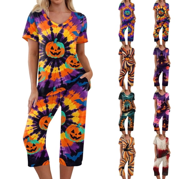 Women's Halloween Loungewear Set Short Sleeve V Neck Top and Capri Pants Tie Dye Pumpkin Pattern Relaxed Fit Sleepwear Pajama Set for Home Party Daily Wear Purple Pink 3XL