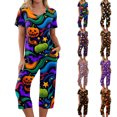 thumbnail image 1 of Women's Halloween Loungewear Set Short Sleeve V Neck Top and Cropped Pants with Pockets Ghost Pumpkin Print Breathable Soft Pajama Set for Home Outdoor Multicolor 2XL, 1 of 6