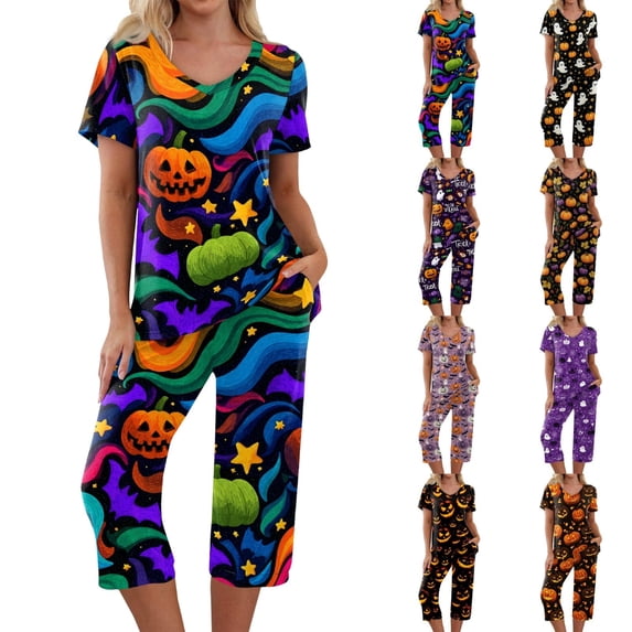 Women's Halloween Loungewear Set Short Sleeve V Neck Top and Cropped Pants with Pockets Ghost Pumpkin Print Breathable Soft Pajama Set for Home Outdoor Multicolor 2XL