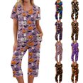 thumbnail image 1 of Women's Halloween Loungewear Set Short Sleeve V Neck Top and Cropped Pants with Pockets Ghost Pumpkin Print Breathable Soft Pajama Set for Home Outdoor Purple Pink S, 1 of 6