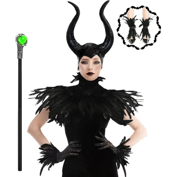 Women's Halloween Maleficent Costume, Gothic Black Crow Darkness Suits with Horn, Staff, Feather Cape Shawl and Long Lace Gloves and Footcovers for Adult Evil Witch Maleficent Queen Cosplay Party
