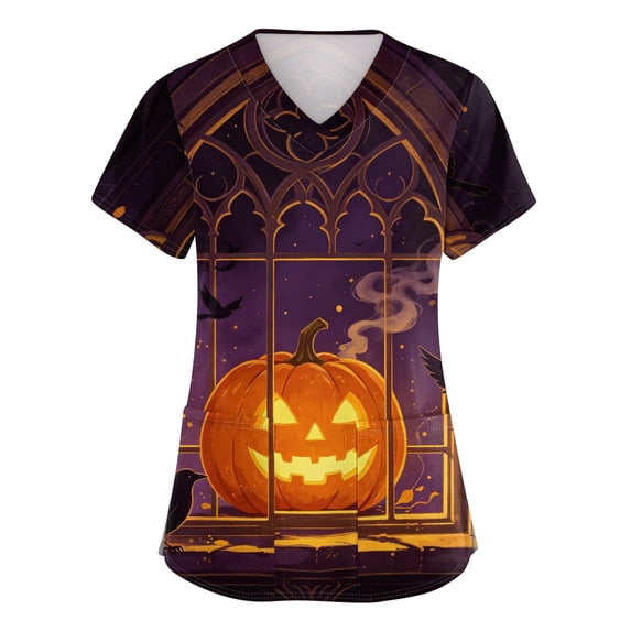 Women's Halloween Medical Scrub Tops - Plus Size Stretch V-Neck Short Sleeve Nursing Uniform for Hospital/Clinic Work 02-Earthy Yellow 3XL