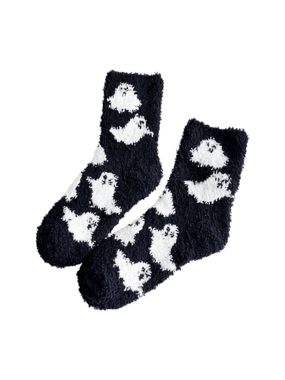 Women's Halloween Mid Calf Fuzzy Socks Coral Fleece Plush Warm Crew Socks with Fun Allover Print, Funny Novelty Cozy Lounge Socks for Fall Winter Home Wear Black