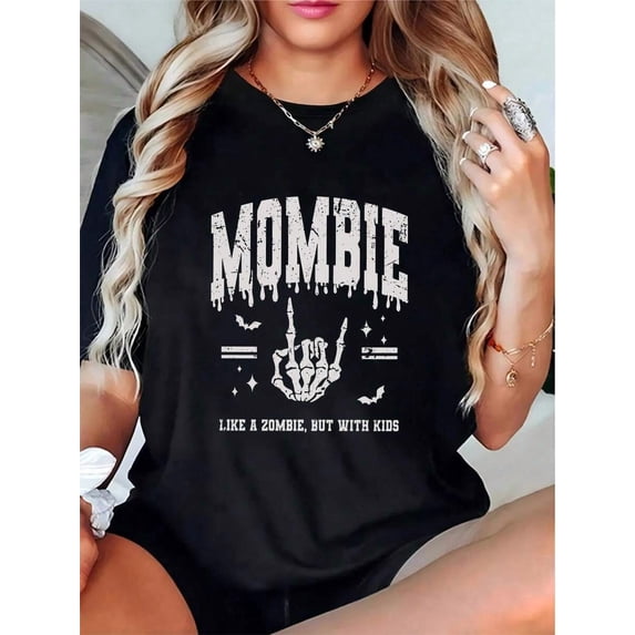 Women's Halloween Mombie Funny Graphic T-Shirt Skeleton Rock Hand Bat Distressed Print Casual Short Sleeve Tee For Mom Halloween Daily Party Wear