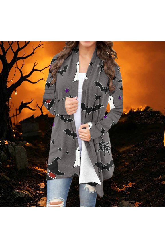 Women's Halloween Neon Pumpkin Bat Print Open Front Mid Length Cardigan Long Sleeve Irregular Hem Soft Light Fabric Holiday Graphic Outerwear for Halloween Party Outfits Fall Daily Errands Gray XXL