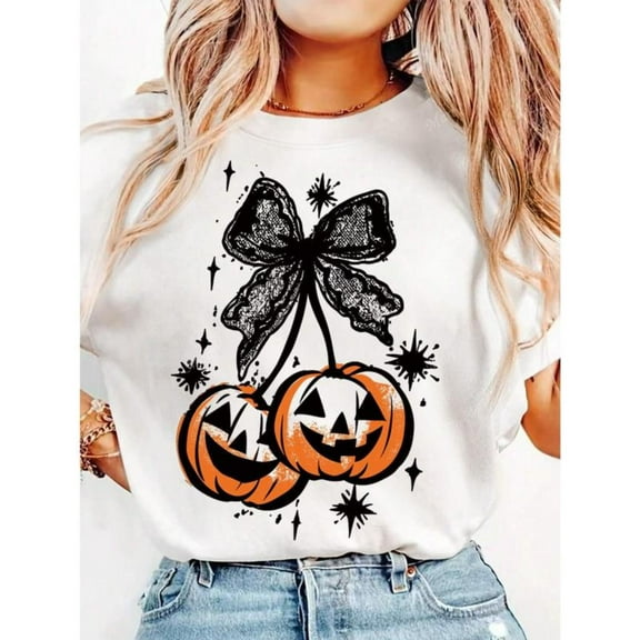 Women's Halloween Nightmare Christmas Pumpkin Bow Lattice Short Sleeve Tee T-Shirt Tops，Crew neck，Funny，cotton，white，S-5XL