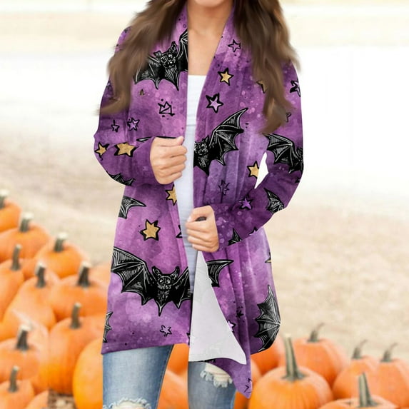 Women's Halloween Open Front Cardigan Sweater with Cute Ghost Pumpkin Print, Long Sleeve Lightweight Casual Coat for Fall