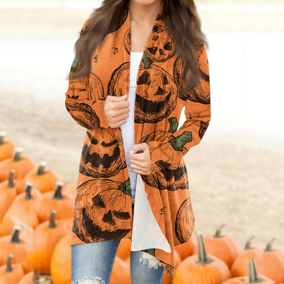 Women's Halloween Open Front Cardigan Sweater with Cute Ghost Pumpkin Print, Long Sleeve Lightweight Casual Coat for Fall