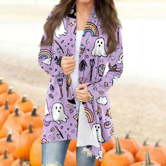 Women's Halloween Open Front Cardigan Sweater with Cute Ghost Pumpkin Print, Long Sleeve Lightweight Casual Coat for Fall