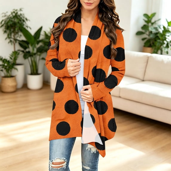 Women's Halloween Orange Black Polka Dot Print Open Front Long Sleeve Cardigan Casual Fall Outerwear