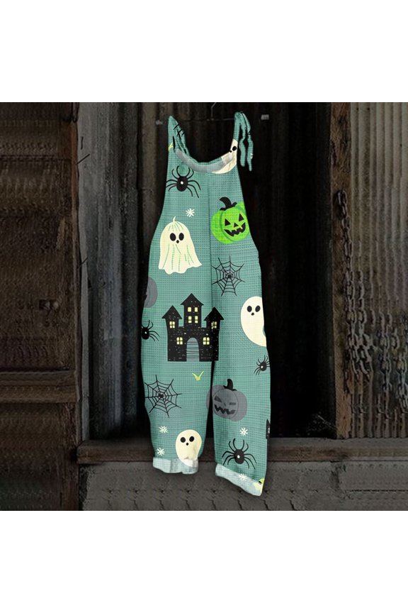 Women's Halloween Overalls Bat Spiderweb Sleeveless Backless Funny Jumpsuits Skeleton Ghost Wide Leg Spooky Overalls, S