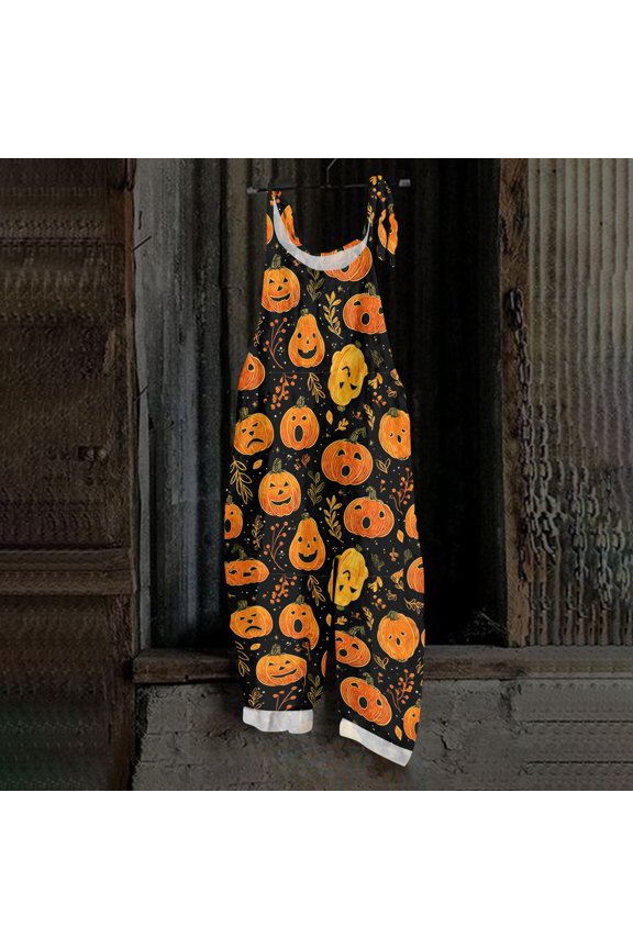 Women's Halloween Overalls Castle Witch Hat Halter Backless Horror Jumpsuits Skeleton Spiderweb Wide Leg Spooky Overalls, 2XL