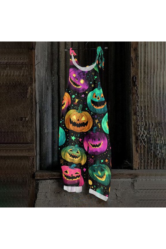 Women's Halloween Overalls Pumpkin Spiderweb Sleeveless Backless Funny Jumpsuits Witch Hat Skeleton Halter Spooky Overalls, M