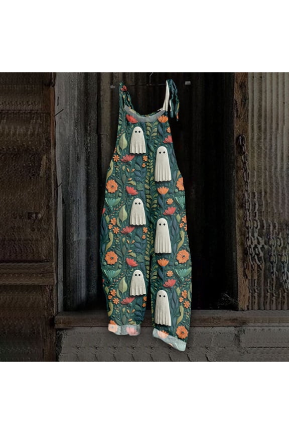 Women's Halloween Overalls Skull Ghost Sleeveless Backless Spooky Jumpsuits Pumpkin Skeleton Halter Horror Overalls, S