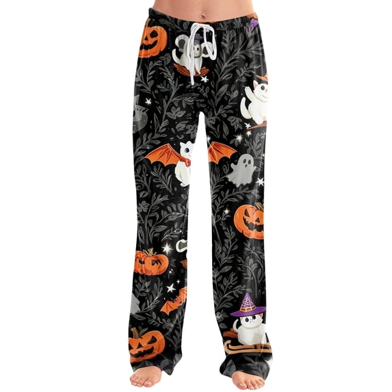Women's Halloween Pajama Pants Bat Pumpkin Elastic High Waist Spooky Sleep Pants Skeleton Spider Web Wide Leg Funny Pajama Pants, XL